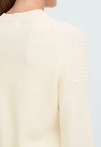 Helles beiges Strickpullover mit gerippter Textur, Rundhalsausschnitt und Raglanärmeln, der ein nahtloses Design an den Schultern zeigt.