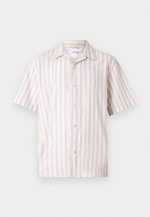 Linen short-sleeve shirt with vertical cream and beige stripes, a classic collar, and a front button placket featuring round gold buttons.