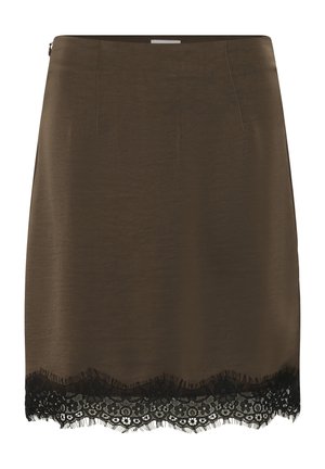 Brun smal nederdel med sort blonderkant nederst og en lille lynlås i taljen på siden.