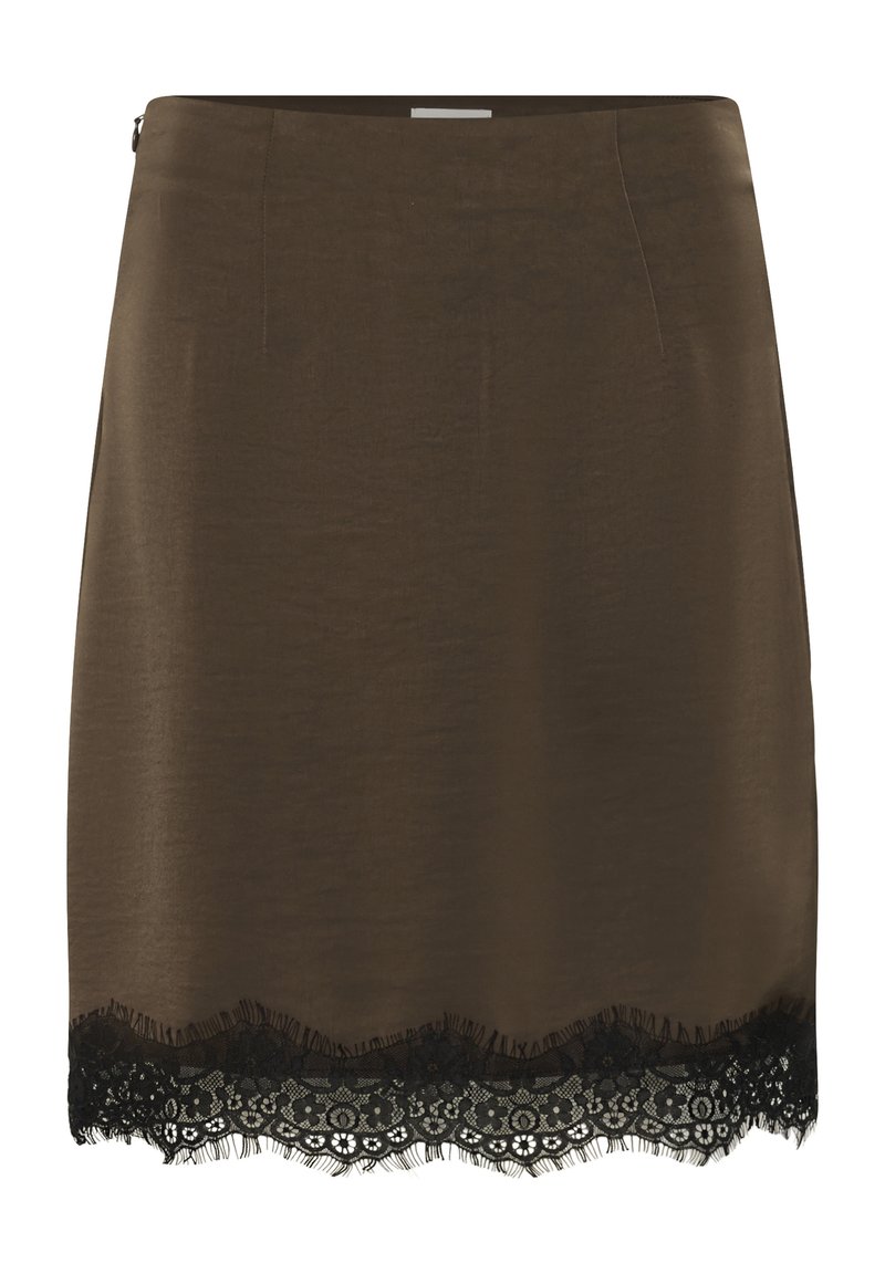 Jupe droite marron avec bordure en dentelle noire à l'ourlet et une petite fermeture éclair sur le côté de la taille.