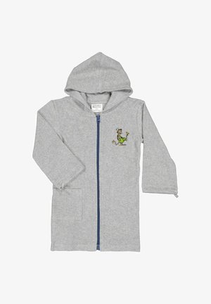 Lys grå børns hættejakke med lynlås, frontlomme og en tegneseriekat i grøn, der holder en gul fugl på brystet.