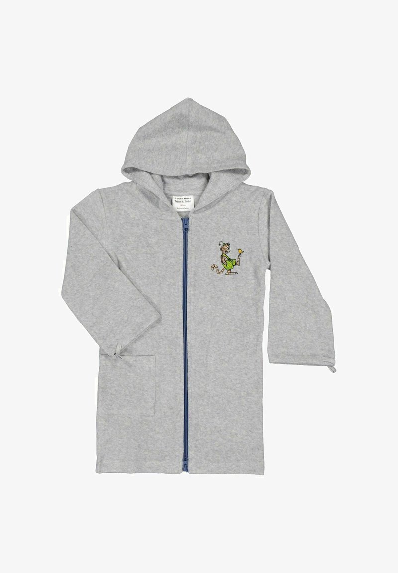 Vaaleanharmaa lasten huppu- ja vetoketjunjakke, jossa on etutasku ja rinnan kohdalla seikkaileva piirroskissa vihreässä, joka pitää keltaista lintua.