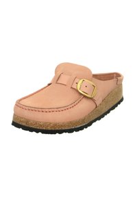 Pink suede slip-on shoe with a rounded toe, double stitched detail, and a metal buckle accent. Cork platform sole with rubber bottom.