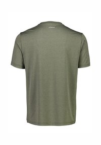 Oliwkowa koszulka z krótkim rękawem i okrągłym dekoltem, wykonana z teksturowanej tkaniny, z małym logo na górnej części pleców.