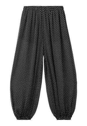 Crne široke hlače s bijelim točkicama, elastičnim pojasom i skupim elastičnim manšetama na gležnjevima.