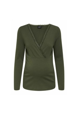 Haut enveloppant à manches longues couleur olive, texture côtelée, décolleté en V avec dentelle, silhouette ajustée, tissu doux.