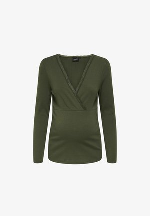 Olivenfarget langermet innpakket topp, ribbestruktur, v-hals med blondekant, tettsittende silhuett, mykt materiale.