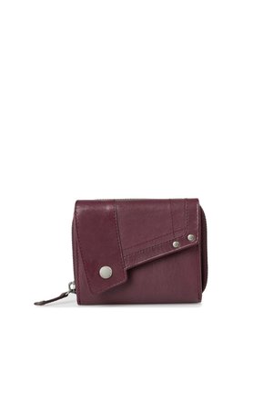 Small folded dark purple leather wallet with metal snap button and zipper closure on a white background.