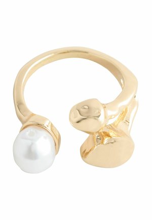 Gold-tone open ring with an irregular white pearl on one end and a smooth, abstract gold shape on the other.