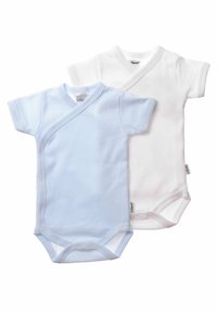Two short-sleeve bodysuits in light blue and white. Blue features horizontal stripes, both have snap closures and a wrap design.