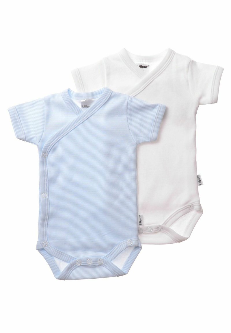 Two short-sleeve bodysuits in light blue and white. Blue features horizontal stripes, both have snap closures and a wrap design.