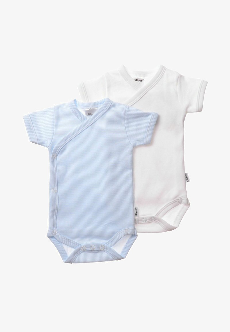 Two short-sleeve bodysuits in light blue and white. Blue features horizontal stripes, both have snap closures and a wrap design.