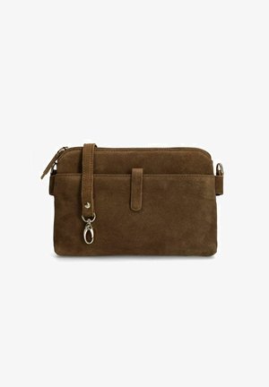 Brown suede clutch bag with front slip pocket, detachable strap, and zipper closure on a white background.