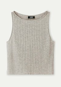 Grå ribbad linne med bred krage och ärmlös design. Den mjuka texturen och det detaljerade mönstret skapar ett subtilt, mysigt utseende.