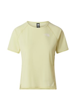 Light yellow, short-sleeve athletic top with a textured finish. Features a crew neck and a small white logo on the chest.