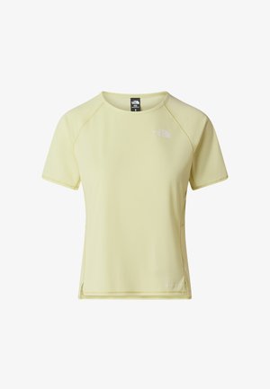 Light yellow, short-sleeve athletic top with a textured finish. Features a crew neck and a small white logo on the chest.