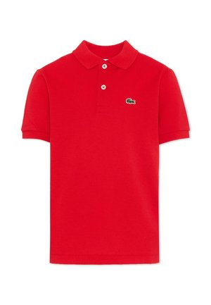 Rode korte mouwen poloshirt met twee witte knopen en een klein groen krokodillenlogo op de linkerborst.
