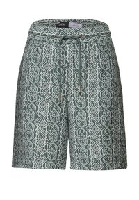 Pantalones cortos verdes con un diseño de diamante en blanco. Hechos de un material ligero, con una cintura elástica y detalle de cordón.