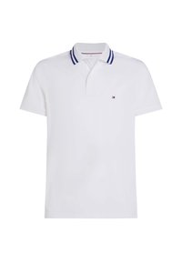 Witte poloshirt met een klassieke kraag, met blauw en paars gestreepte accenten, logo op de borst en korte mouwen. Zachte katoenstof.