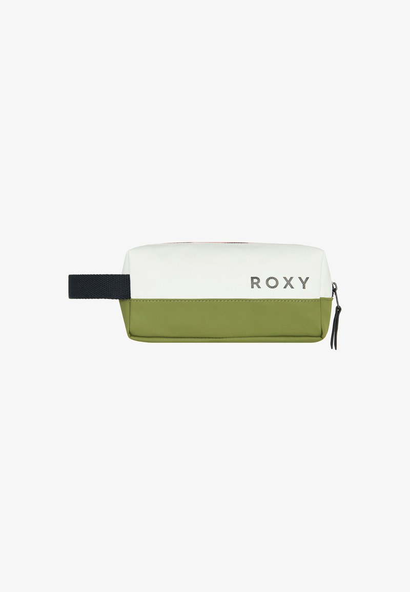 Pochette rectangulaire en blanc et vert olive, fabriquée à partir d'un matériau texturé. Dotée d'une fermeture éclair noire et du logo "ROXY" en argent sur le côté.