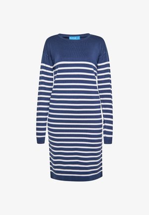 Csíkos ruha puha kötött anyagból. Hosszú ujjú, kerek nyakú, vízszintes sötétkék és fehér csíkokkal.