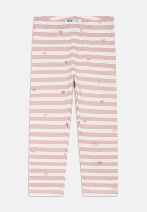 Leggings rayés rose et blanc avec de petits cœurs brodés en rose. Confectionnés en tissu doux et extensible avec une taille élastique.
