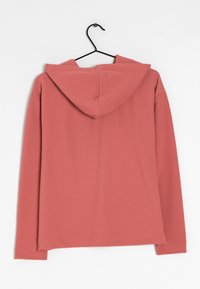 Sweat à capuche rose poussiéreux à manches longues, côtelé, suspendu à un cintre noir sur fond blanc, vu de dos.