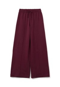 Burgunderfarbene weit geschnittene Hose aus weichem Stoff, mit einem elastischen Bund und Kordelzug sowie zwei vorderen Falten für zusätzlichen Detailreichtum.