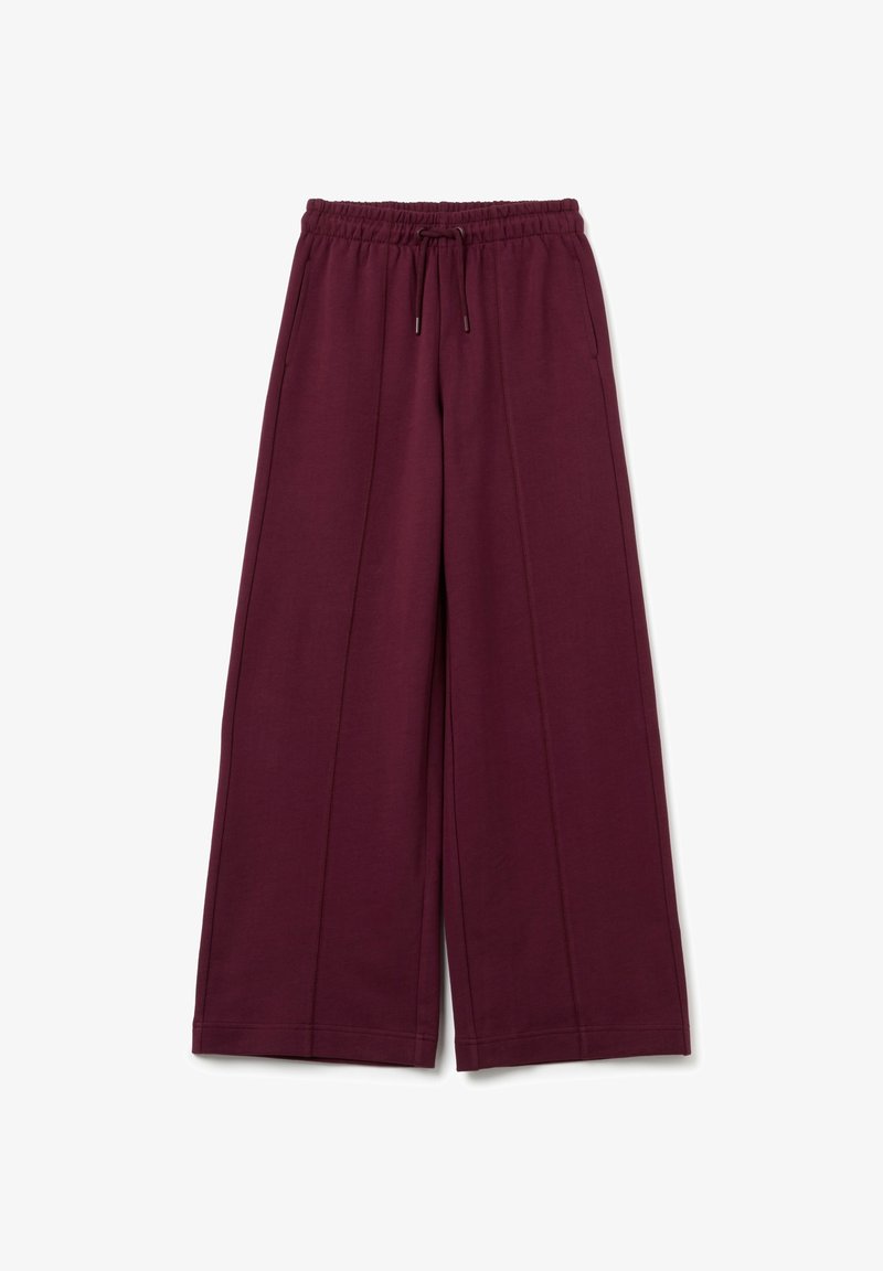 Pantalons larges bordeaux en tissu doux, avec une taille élastique à cordon de serrage et deux plis à l'avant pour plus de détail.