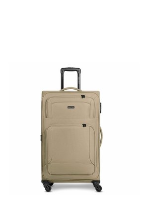 Beige zachte koffer met uitschuifbaar handvat, twee voorvakjes met rits en vier zwenkwielen.