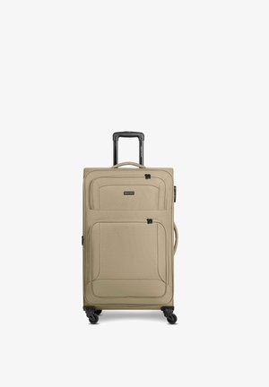 Maleta beige de material blando con asa telescópica, dos bolsillos frontales con cremallera y cuatro ruedas giratorias.