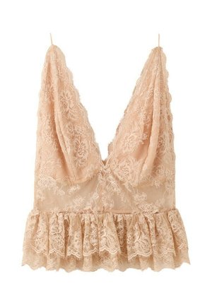 Camisole corta beige in pizzo con scollo a V profondo, motivo floreale, sottili spalline e dettagli arricciati sull'orlo.