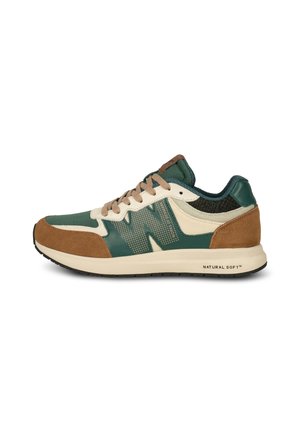 Green and beige sneaker with suede accents, mesh panels, and brown detailing. Features a cushioned sole and prominent logo on the side.