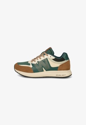 Green and beige sneaker with suede accents, mesh panels, and brown detailing. Features a cushioned sole and prominent logo on the side.