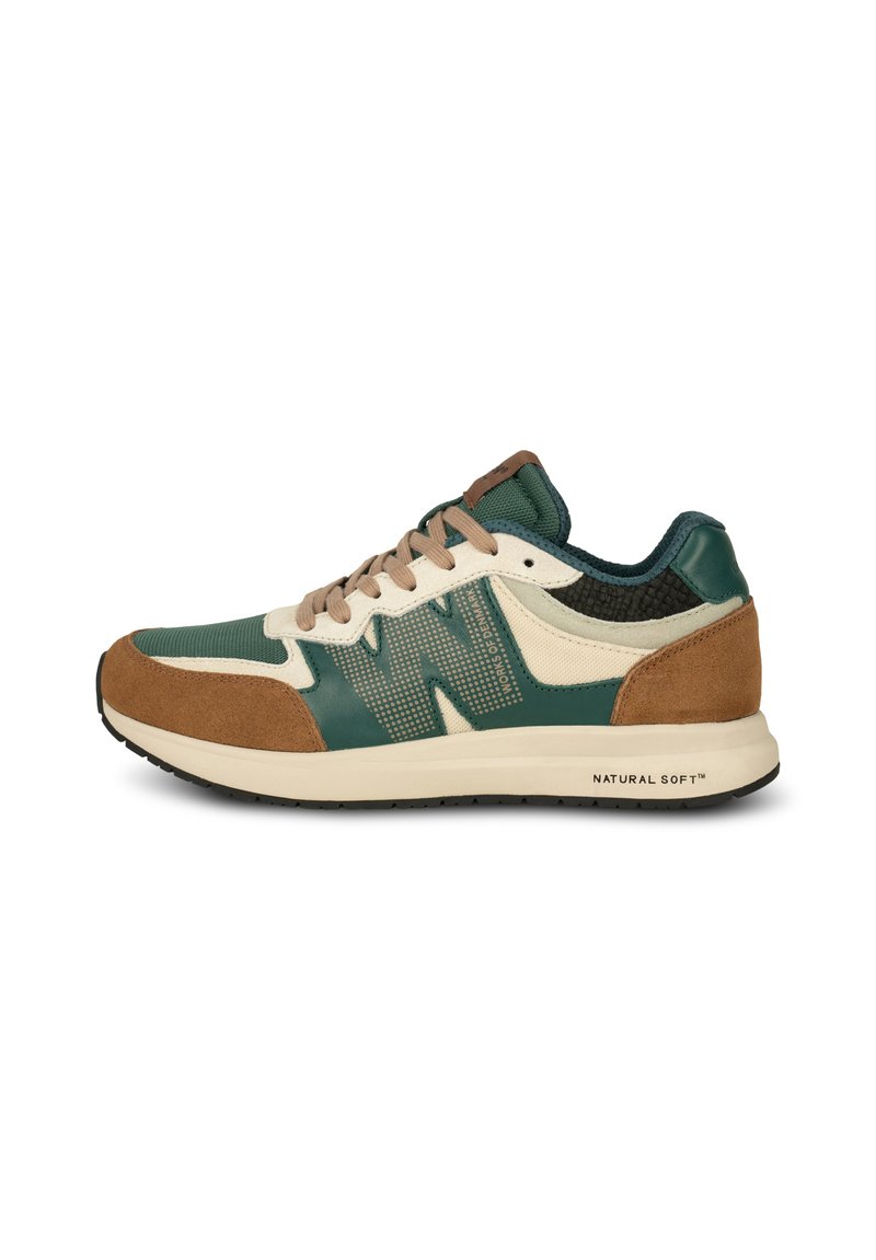 Green and beige sneaker with suede accents, mesh panels, and brown detailing. Features a cushioned sole and prominent logo on the side.