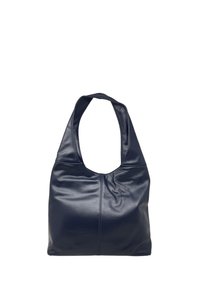 Granatowa skórzana torba hobo z zaokrąglonym uchwytem, miękką teksturą i bezszwowym designem. Posiada centralną szew biegnący w dół z przodu.