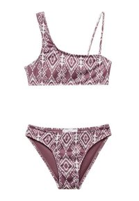 Bikini sada s topom na jedno rameno a zodpovedajúcim spodkom. Obsahuje geometrický vzor v odtieňoch levandulovej a bielej. Mäkka tkanina.