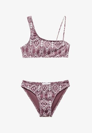 Bikini-setti, jossa on yksi olkaimeton yläosa ja yhteensopivat alaosat. Sisältää geometrisen kuvion vaaleanpunaisen ja valkoisen sävyissä. Pehmeää kangasta.
