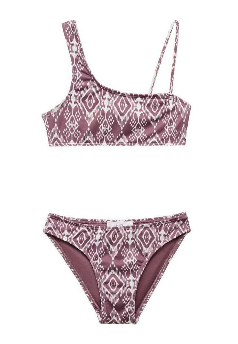 Bikini sada s topom na jedno rameno a zodpovedajúcim spodkom. Obsahuje geometrický vzor v odtieňoch levandulovej a bielej. Mäkka tkanina.