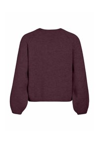 Bordeauxfarbener Strickpullover mit cropped Design, Raglanärmeln und gerippten Bündchen. Glatte Textur; die Rückansicht zeigt keine zusätzlichen Details oder Muster.