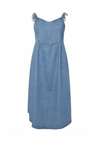 Denim midi mekko vaaleansinisena, jossa on säädettävät nauhapidikkeet, kireä vartalo-osio ja levenevä hame. Ominaisuuksiin kuuluu yksinkertainen tikkaus saumoissa.