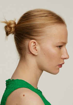 Vista de perfil de una persona con cabello castaño claro recogido en un moño. Lleva una blusa verde texturizada y un pequeño pendiente de aro dorado. Maquillaje mínimo.
