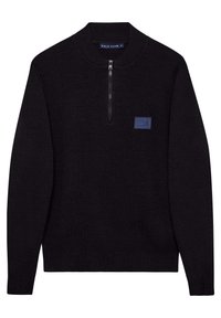 Pull noir à col zippé avec poignets et ourlet côtelés, arborant un patch logo rectangulaire bleu sur la poitrine. Confectionné en tissu texturé.