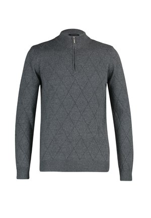 Mørkegrå, langærmet striktrøje med diamantquiltet mønster og en kort frontlynlås på en ribbet mock-neck krave.