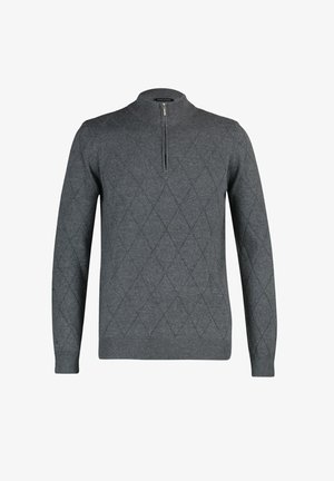 Maglione a maniche lunghe in maglia grigio scuro con motivo trapuntato a rombi e una corta cerniera frontale su colletto alto a coste.
