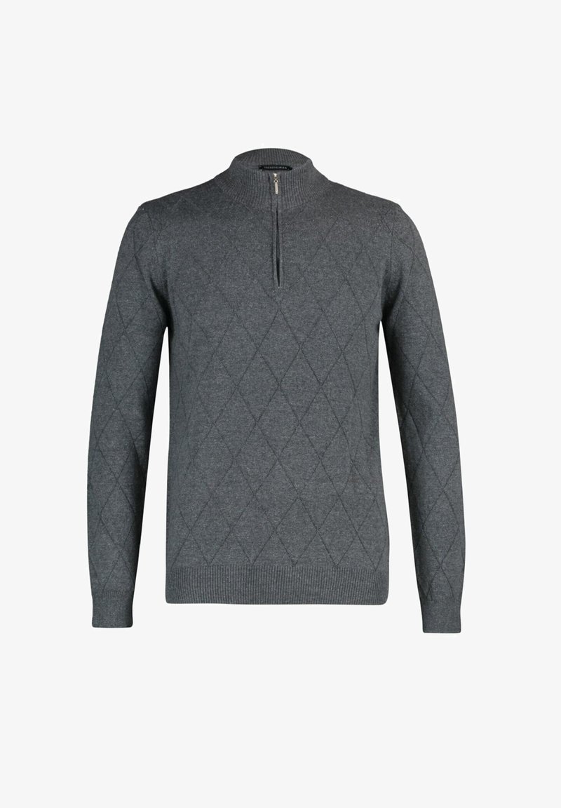 Pull tricoté gris foncé à manches longues avec motif matelassé en losanges et une courte fermeture éclair devant sur un col montant côtelé.