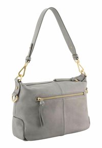 Sac à main en cuir gris avec bandoulière ajustable, quincaillerie dorée et poche zippée à l'avant avec un gland.