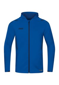 Felpa blu con zip realizzata in tessuto leggero. Presenta un cappuccio, zip frontale, dettagli neri sulle spalle e tasche laterali. Logo del marchio sul petto.