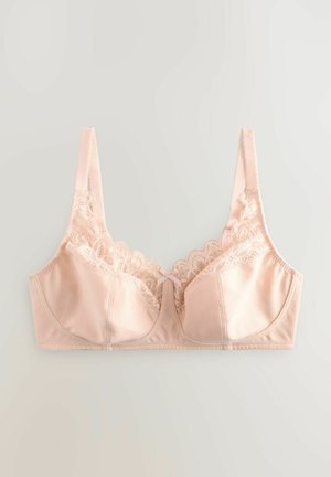 Różowy satynowy stanik z koronkowym wykończeniem na górnej krawędzi, regulowane ramiączka i mały detal w postaci kokardki na środku. Gładka tekstura i wsparcie z fiszbinami.
