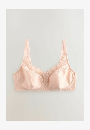 Rózsaszín selyem melltartó, csipkés szegéllyel a tetején, állítható pántokkal és egy kis középső masnival. Sima textúra és merevítős támogatás.